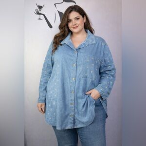 Physical Attraction Chambray Denim Star Embroidered Button Down Tunic Top.PTP 33